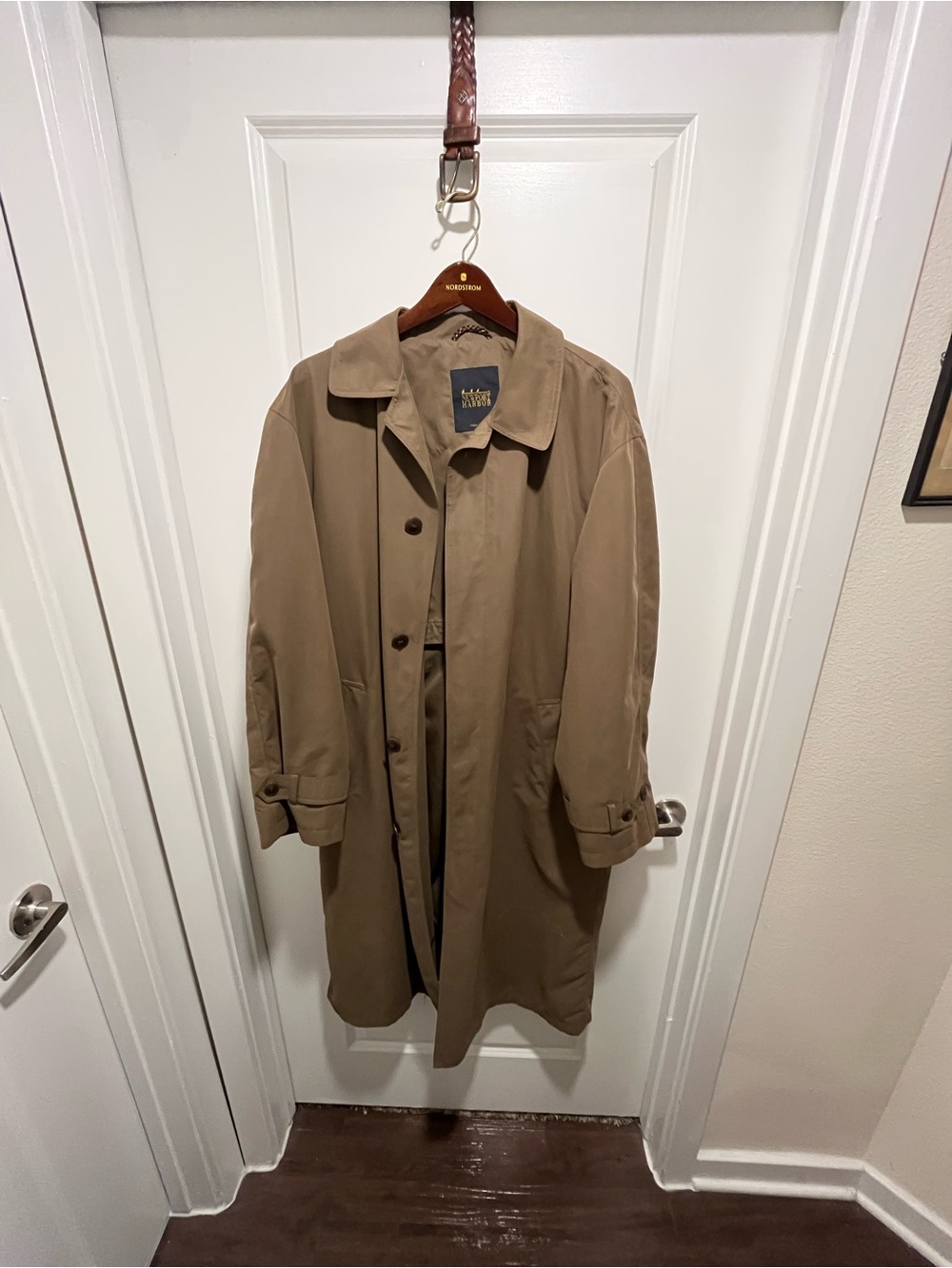 Men’s Long Tan Trench Coat with Button Front